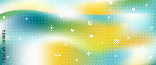Abstract spring gradient background in soft blue, yellow, green. Subtle pixel texture. Tiny sparkle elements, hearts, flowers. Light airy fantasy nature design. Cute aesthetic backdrop for banners, bg