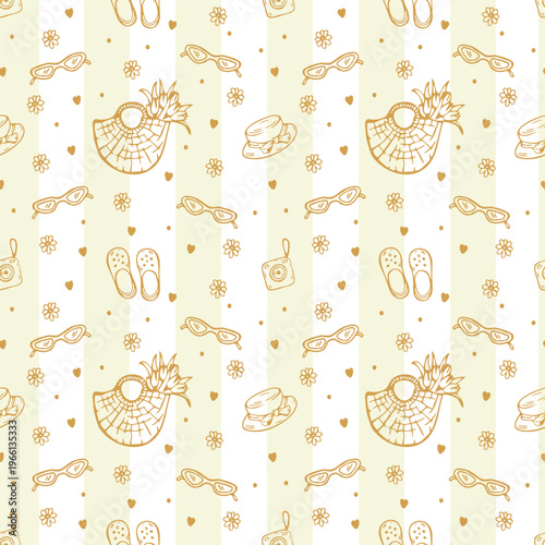 Hand Drawn Summer Picnic Seamless Pattern with with Hat, Sunglasses, Flowers and Slippers