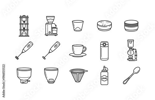 Collection of coffee brewing and preparation tools in line art style
