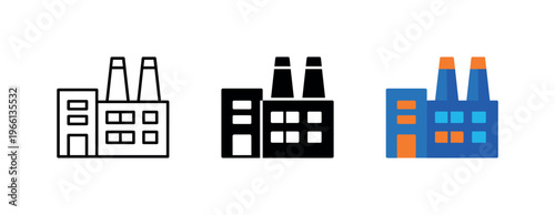 Set of factory building icons in outline, solid black, and colorful styles