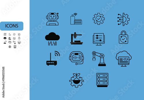 collection of minimalist line art icons representing technology and industry, set against a solid blue background new tool AI , dev icons pack