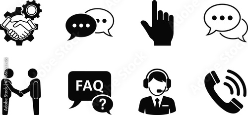 Collection of black business communication icons featuring customer support chat bubbles FAQ symbols handshake and telephone icons for corporate helpdesk service concepts