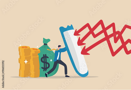 Financial security, money loss or wealth protection, defense from cyber attack or economic recession concept, strong businessman holding shield to protect from red arrow attacking financial