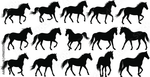 Collection of black horse silhouettes featuring various breeds in different active poses including running walking and trotting isolated on a white background.