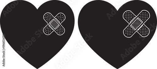 Black hearts with crossed white bandages symbolizing emotional healing and recovery from heartbreak