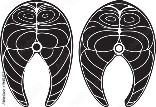 A black and white graphic illustration of two fish steaks, showcasing the internal structure and bone pattern.