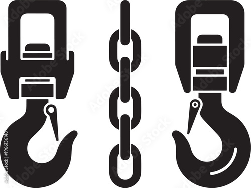Icon set featuring industrial lifting equipment, including two different crane hooks and a heavy-duty chain segment