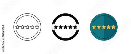 Five star rating icons in different styles for customer feedback and quality assessment
