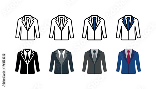 Collection of formal suit icons with ties in various styles and colors