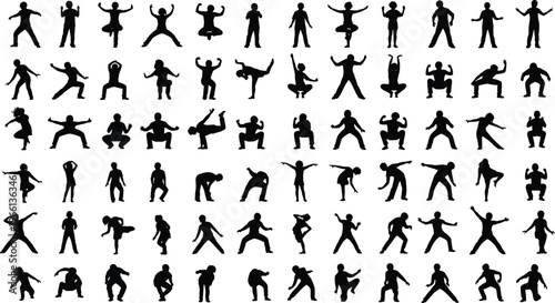 Large collection of black silhouettes featuring children in various active poses including jumping dancing playing and exercising isolated on a white background.