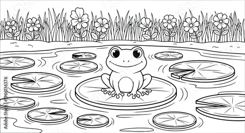 A charming illustration depicts a happy frog sitting on a lily pad in a pond