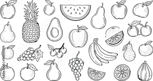 A variety of hand drawn fruits including apples pears pineapples and citrus