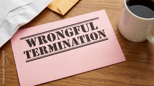 Wrongful Termination concept shown on a pink card on a wooden office desk with coffee and envelopes.