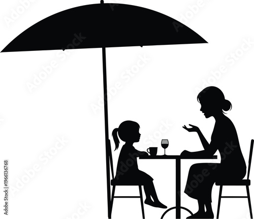 Black silhouette of mother and daughter at cafe table, family dining under patio umbrella vector, mother and child sharing meal at outdoor restaurant