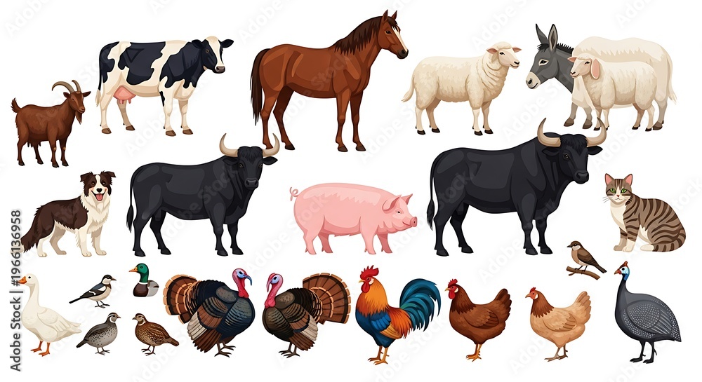 Fototapeta premium A comprehensive collection of diverse farm animals and common birds on a white background