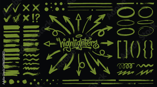 Hand-drawn marker highlighters, underline, lines, round, arrows, punctuation marks, tick marks and sketch. Highlighters, hand drawn underline. Handwritten notes for text or on a school board. Vector	
