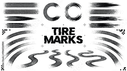 Tire tread marks, drift, motorsport, motocross, rally, tread mark with skid, grinding, splash effect. Graphic set of tire treads, wheel texture, car racing. Vector collection, wheel treads on asphalt