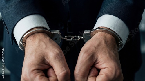 Businessman's hands cuffed, facing arrest, prosecution, and white-collar crime charges