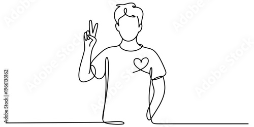 A continuous line drawing of a young man making a peace sign gesture while wearing a heart shirt.