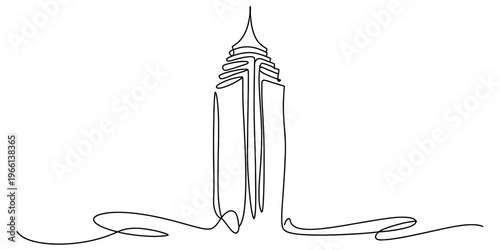 Minimalist continuous line drawing of a tall skyscraper building against a white background