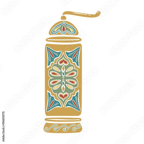 Turkish coffee grinder with traditional ornament. Hand drawn vector illustration isolated. For cookbooks designs, magazines, oriental coffee houses and dishware, holidays, postcards banners clip arts.