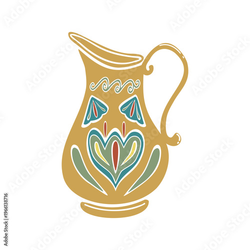 Turkish jug for water with traditional ornament. Hand drawn vector illustration isolated. For cookbooks designs, magazines, oriental coffee houses and dishware, holidays, postcards banners clip arts.