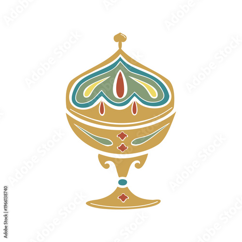 Turkish metal candy bowl with traditional ornament. Hand drawn vector illustration isolated. For cookbooks designs magazines, oriental coffee houses and dishware, holidays postcards banners clip arts.