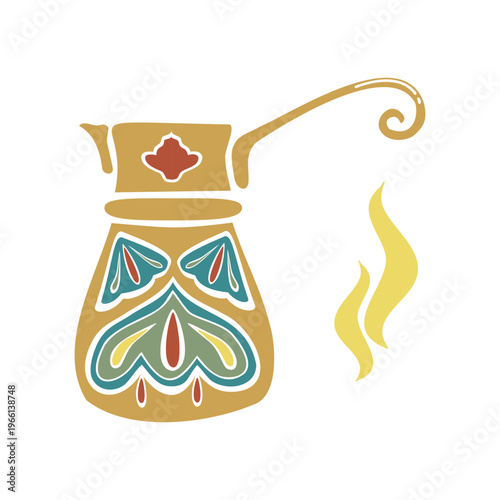 Turkish coffee cezve pot with traditional ornament. Hand drawn vector illustration isolated For cookbooks designs magazines, oriental coffee houses and dishware, holidays, postcards banners clip arts.