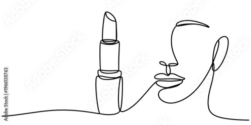 Minimalist continuous line art of a woman face next to a makeup lipstick in a simple black style