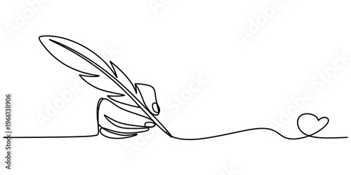 A continuous line drawing of a hand holding a feather quill pen to write a small heart symbol.