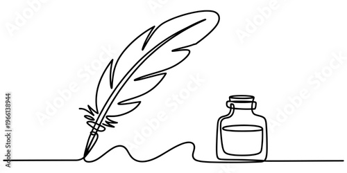 A single continuous line drawing of a classic feather quill pen resting next to an ink bottle.