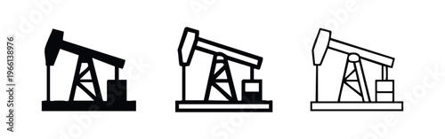 Oil pump jack icon set. Petroleum extraction derrick silhouette and outline symbols for oilfields.