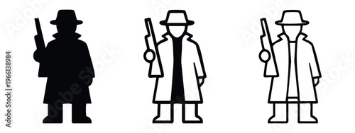Detective or mafia man icon set with rifle. Gangster silhouette and outline symbols for crime stories.