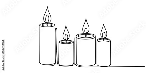 A continuous line drawing depicting four lit candles of varying heights on a simple flat surface.