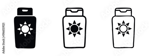 Sunscreen bottle icons set. SPF protection symbols in solid, outlined, and hand-drawn styles. Vector illustration.