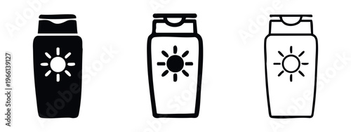 Sunscreen bottle icons set. Summer sun protection symbols in solid, outlined, and hand-drawn styles. Vector illustration.