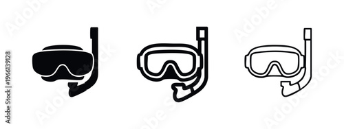 Snorkel mask and tube icon set. Diving and underwater activity symbol in solid, thick, and thin outline styles.