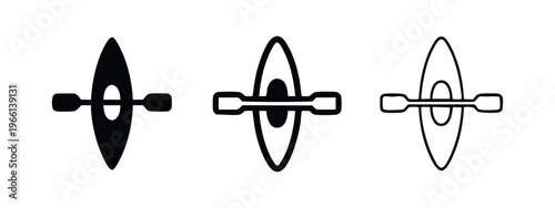 Kayak or canoe with paddle icon set. Water sport boat symbol in solid, thick, and thin outline styles.