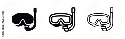 Snorkel mask icons set. Diving and underwater exploration symbols in solid, outlined, and hand-drawn styles. Vector illustration.