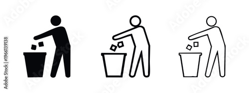 Person throwing trash into bin icon set. Waste disposal and cleanliness symbol in a stylized hand-drawn aesthetic.