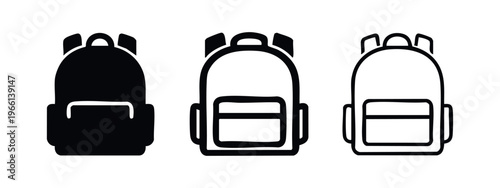 Backpack icon set. Travel bag or student rucksack symbol with defined pockets in solid, thick, and thin outline styles.