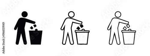 Person throwing trash into bin icon set. Environmental responsibility symbol in clean geometric styles.