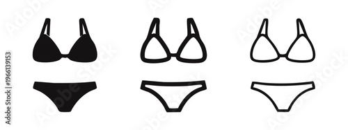 Bikini swimsuit icon set. Summer beachwear fashion symbol with classic triangle top in solid, thick, and thin outline styles.