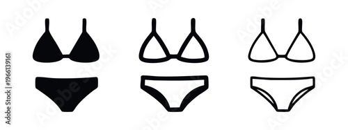 Bikini swimsuit icon set. Beach holiday apparel symbol with string top style in solid, thick, and thin outline variations.