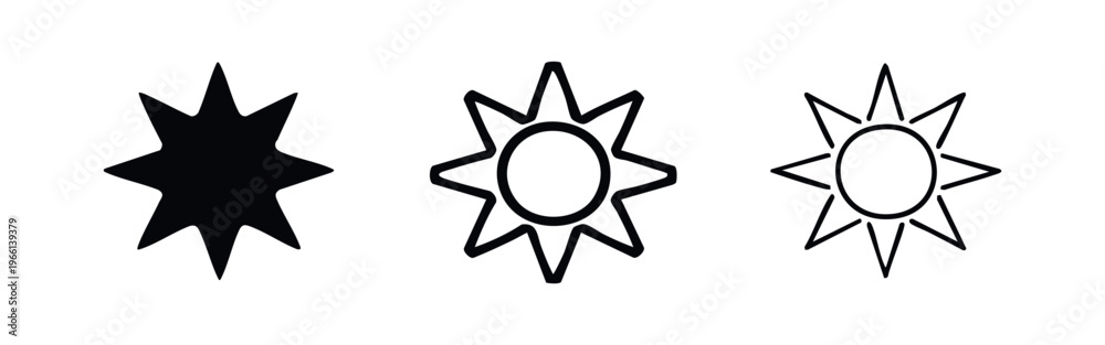 Fototapeta premium Sun Icon Set with Pointy Rays. Summer, Weather, and Brightness Symbols.