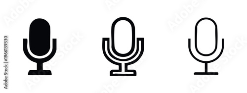 Classic Microphone Icon Set. Black and White Audio Recording Symbols for Podcast, Broadcast, and Voice Communication.