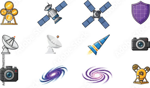 Collection of science and technology icons including satellites cameras and galaxies perfect for web design and app interfaces