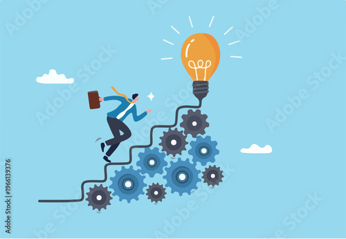 Best practices development, strategy to success or improvement, planning, progress or implementation process, efficiency or productivity concept, businessman running up stair on cogwheel gear