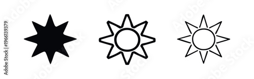 Sun Icon Set with Pointy Rays. Summer, Weather, and Brightness Symbols.