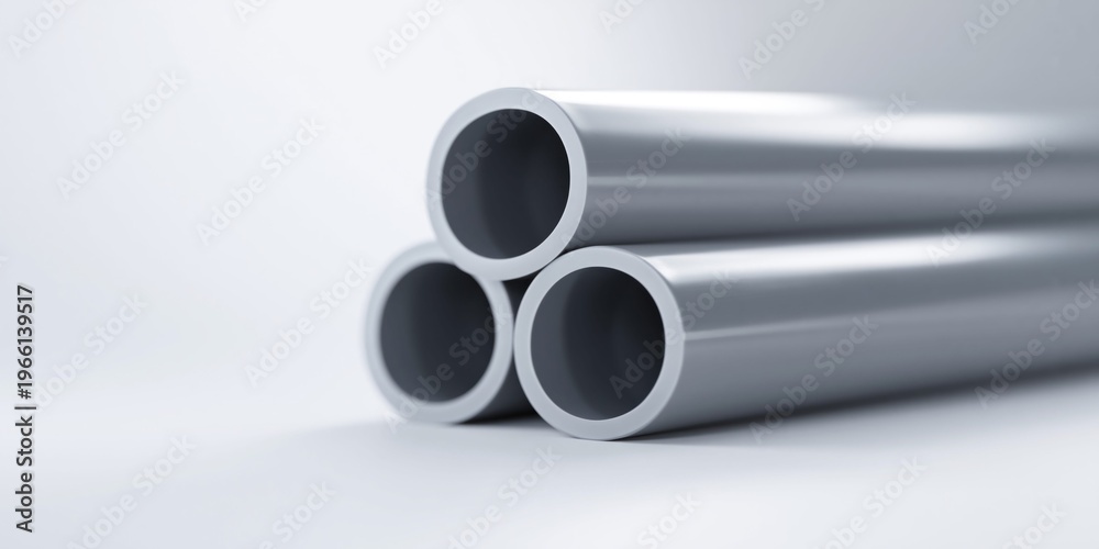 Fototapeta premium Close-up view of stacked grey PVC pipes on a clean white background